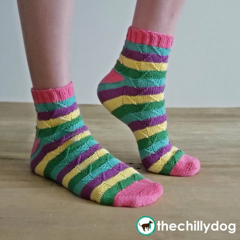 Founders Day Socks Knitting Pattern:  Colorful, striped socks knit with leftovers from your yarn stash