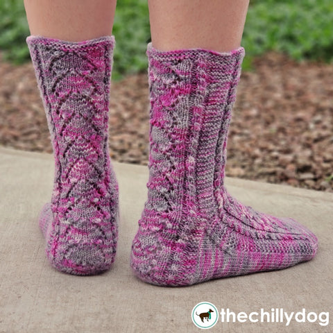 Sock Knitting Pattern with Lace, Inverted Heart Motif and Flap and Gusset Heel