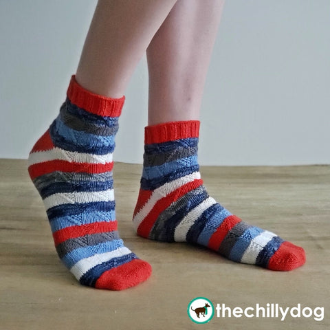 Founders Day Socks Knitting Pattern:  Randomly striped socks knit with leftovers from your yarn stash