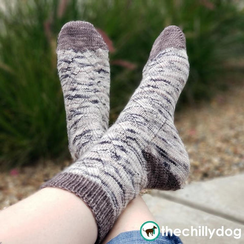 Free Climber Socks Knitting Pattern PDF: Gender neutral knitting pattern in 6 sizes fits most adult feet. Worked from the toe up with wrap and turn short row toes and a flap-free gusset heel